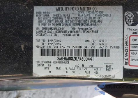 2007 Mercury Milan I4 Premier from USA, damaged, VIN 3MEHM08Z07R600441